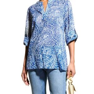 Finley Carley Paisley Print Tunic Blouse Womens L Blue Cotton NEW